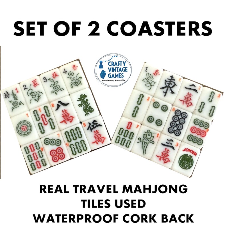 May include: A set of two square coasters featuring arrangements of white mahjong tiles with green, red, and black engraved characters and symbols. The text SET OF 2 COASTERS and REAL TRAVEL MAHJONG TILES USED WATERPROOF CORK BACK is visible.
