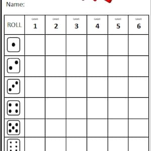 May include: A white Bunco score sheet featuring the text 'BUNCO SCORE SHEETS' at the top, three red dice illustrations, and a grid with six rows showing dice faces from one to six and six columns for games. Includes lines for Bunco, Mini Buncos, Wins, and Losses.