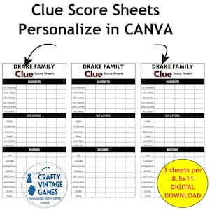 Personalized Canva Clue score sheet, Clue board game score pad, instant download printable file, family reunion activity, party game