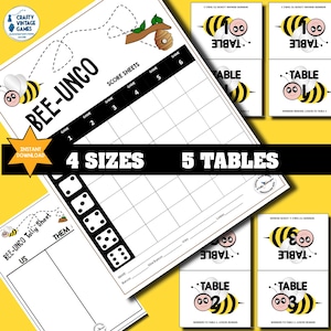 Bee Bunco springtime theme score sheets, digital download, summer bunco party kit, table tally sheets, table numbers, Bunco dice party kit