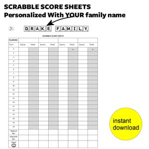 Feuille de score de Scrabble personnalisée, bloc de score de jeu de société de Scrabble, fichier imprimable à téléchargement immédiat, activité de réunion de famille, jeu de société