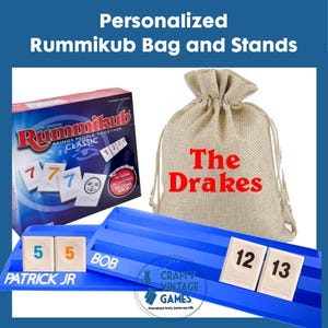 Personalized Rummi bag and stand set, custom game holder, jumbo tiles rack, Rummi tile storage bag, family Christmas gift for Rummi lover