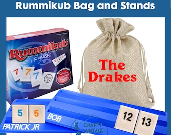 Personalized Rummi bag and stand set, custom game holder, jumbo tiles rack, Rummi tile storage bag, family Christmas gift for Rummi lover