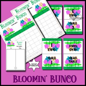Feuille de pointage sur le thème du printemps Bloomin Bunco, téléchargement numérique, kit de fête de fleurs bunco, feuille de pointage de table, numéros de table, kit de fête de dés Bunco