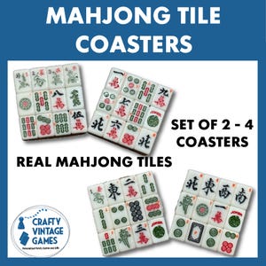 May include: Four square coasters constructed from white mahjong tiles with red, green, and black character, bamboo, and circle designs. Each coaster features a grid of nine tiles. Text on the image reads MAHJONG TILE COASTERS, SET OF 2 - 4 COASTERS, REAL MAHJONG TILES, and CRAFTY VINTAGE GAMES.