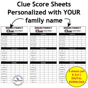 Personalized Clue score sheet, Clue board game score pad, instant download printable file, family reunion activity, party game