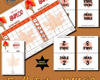 Feuilles de partition sur le thème de l'automne Fall Into Bunco, téléchargement numérique, kit de fête automne bunco, feuilles de pointage de table, numéros de table, kit de fête de dés Bunco