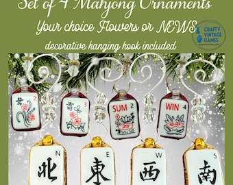 Adornos navideños de Mahjong, juego de 4, flores y NOTICIAS, colgadores decorativos, regalo de Navidad para amantes del Mahjong, regalo para intercambio de adornos de club