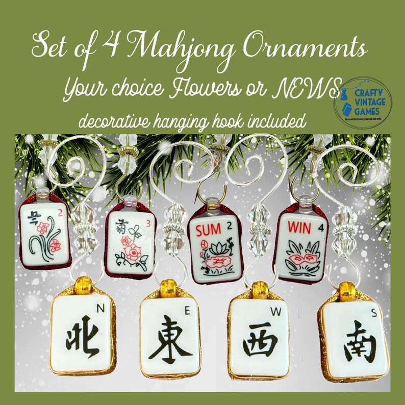 Mahjong Christmas ornaments, set of 4, flowers and NEWS, decorative hangars, Christmas gift for Mah jong lover, club ornament exchange gift image 1