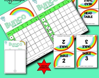Feuille de pointage sur le thème printemps pluies et arcs-en-ciel Bunco, téléchargement numérique, kit de fête bunco, feuille de pointage de table, numéros de table