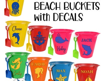 Personalized Beach Bucket decal, sand bucket and shovel, beach pails for kid, name bucket, Easter basket, beach toys, sand toys, party favor