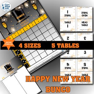 May include: A Bunco game set with a New Year's theme. The set includes a game board, table cards, and tally sheets. The game board features a top hat, champagne glasses, and fireworks. The text "Happy New Year" and "Bunco" are displayed.
