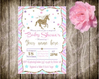 gold silver unicorn baby shower invitation *DIGITAL FILE or PRINTED*