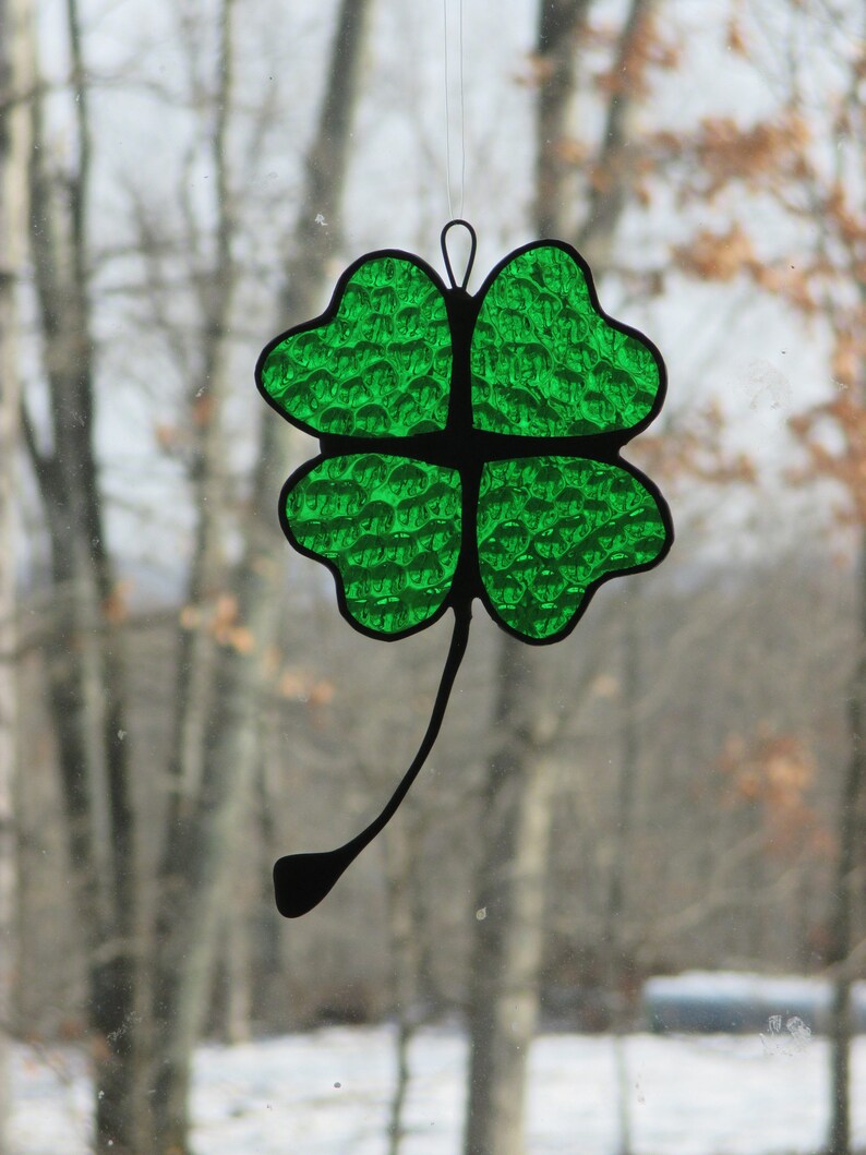Stained Glass Irish Shamrocks \u2013 Three Leaf Clover \u2013 Four Leaf Clover Handmade \u2013 Perfect Gift \u2013 Love custom orders approx. 4.5 by 3.5