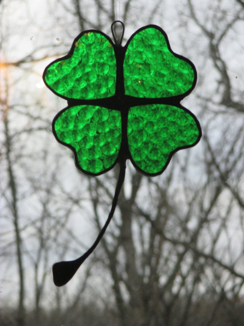 Stained Glass Irish Shamrocks \u2013 Three Leaf Clover \u2013 Four Leaf Clover Handmade \u2013 Perfect Gift \u2013 Love custom orders approx. 4.5 by 3.5