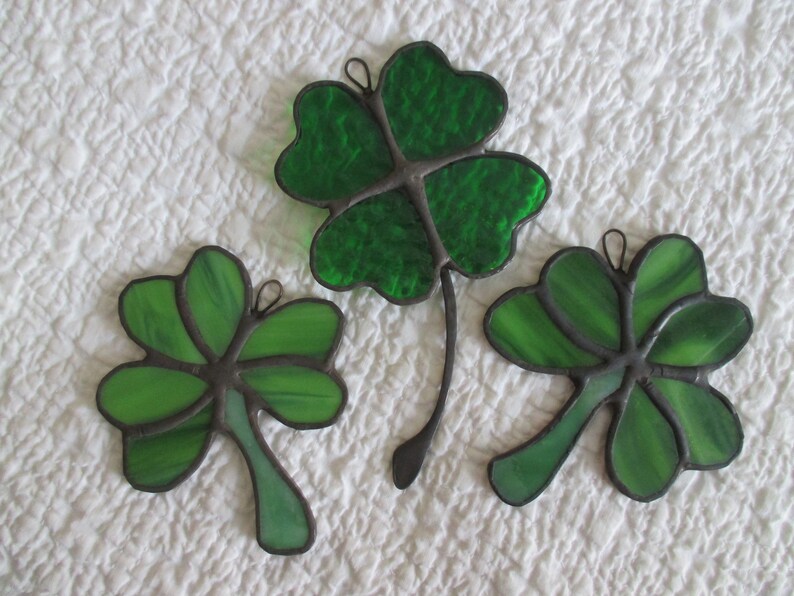 Stained Glass Irish Shamrocks \u2013 Three Leaf Clover \u2013 Four Leaf Clover Handmade \u2013 Perfect Gift \u2013 Love custom orders approx. 4.5 by 3.5