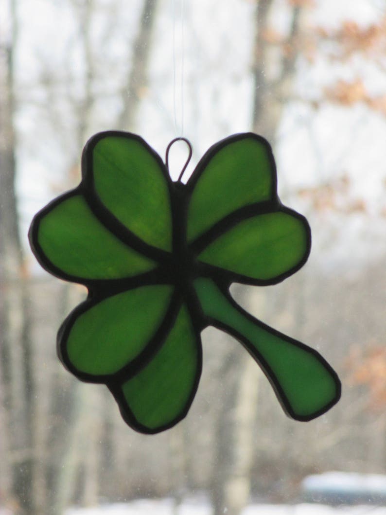 Stained Glass Irish Shamrocks \u2013 Three Leaf Clover \u2013 Four Leaf Clover Handmade \u2013 Perfect Gift \u2013 Love custom orders approx. 4.5 by 3.5