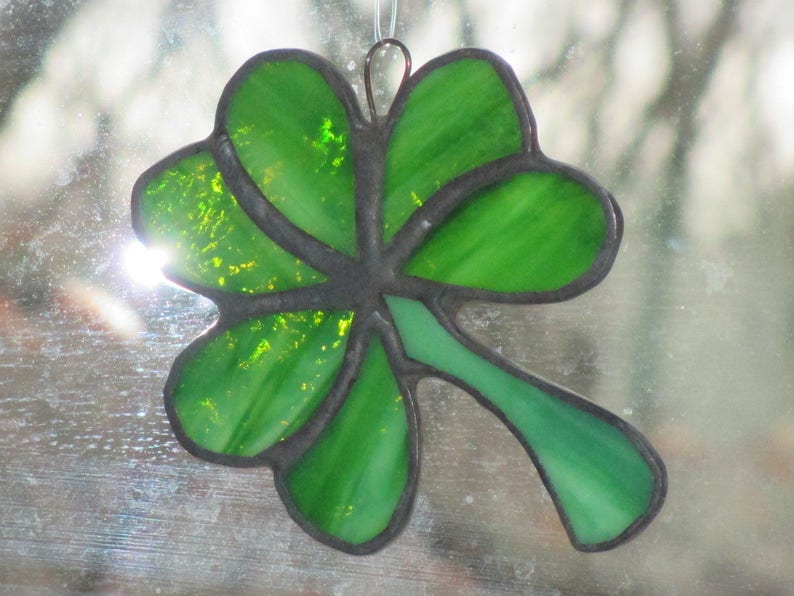 Stained Glass Irish Shamrocks \u2013 Three Leaf Clover \u2013 Four Leaf Clover Handmade \u2013 Perfect Gift \u2013 Love custom orders approx. 4.5 by 3.5