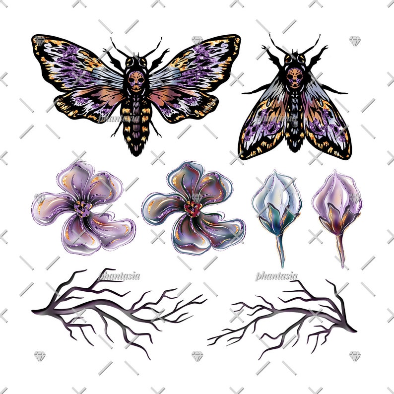 May include: A digital illustration of a purple and gold moth with a skull on its head, two purple and gold flowers, two white and gold buds, and two black branches.