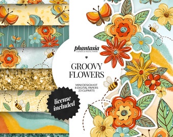 Groovy Flowers Digital Kit, Bee Clipart, Watercolor Clipart, Seamless Pattern, Groovy Clipart, Surface Pattern, Butterflies Graphics