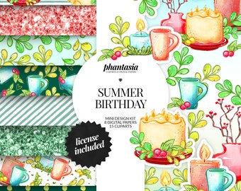 Birthday Digital Kit, Birthday Clipart, Watercolor Clipart, Seamless Pattern, Summer Clipart, Surface Pattern, Birthday Graphics