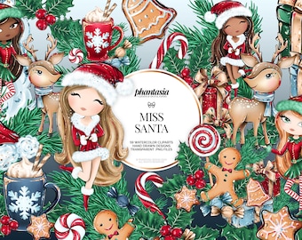 Christmas Watercolor Clipart, Christmas Dolls, Cute Christmas, Miss Santa Clipart, Christmas Graphics, Christmas Png, Png Clipart