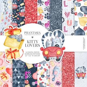 May include: A set of 14 digital papers featuring cute cats in various poses, including a couple of cats driving a red car with the words "XOXO" on the back. The papers are seamless and come in a 12x12 inch size at 300 DPI. The papers feature a variety of patterns, including hearts, paw prints, and geometric shapes. The papers are perfect for scrapbooking, card making, and other craft projects.