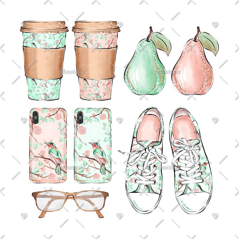 May include: A set of floral patterned items including two coffee cups, two phone cases, two pairs of sneakers, and two pears. The items are all in shades of pink, green, and white.