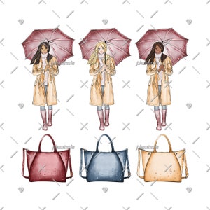 K&ouml;nnte beinhalten: Drei Illustrationen von Frauen in beigen M&auml;nteln, die rosa Regenschirme halten. Unter den Frauen befinden sich drei Tragetaschen in verschiedenen Farben: Burgunderrot, Blau und Beige.