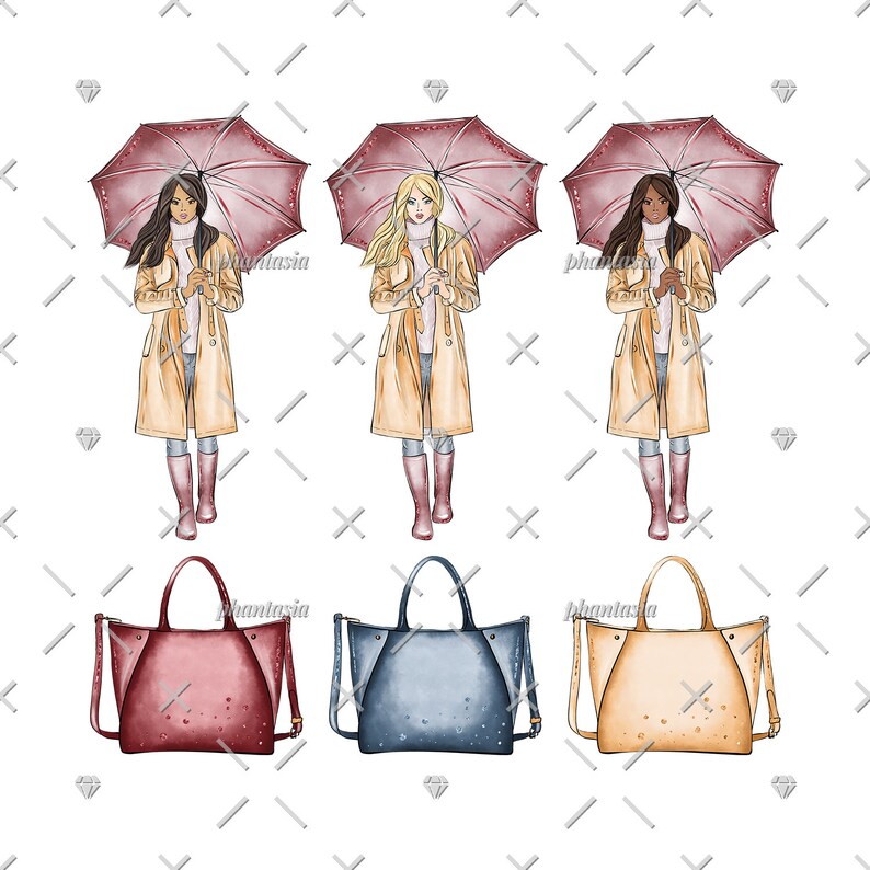 K&ouml;nnte beinhalten: Drei Illustrationen von Frauen in beigen M&auml;nteln, die rosa Regenschirme halten. Unter den Frauen befinden sich drei Tragetaschen in verschiedenen Farben: Burgunderrot, Blau und Beige.