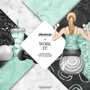 Puede incluir: Un conjunto de 8 patrones de papel digital con temática de fitness. Los patrones incluyen un fondo de purpurina blanco y negro, un fondo blanco y azul claro con un garabato dibujado a mano de un reloj, un fondo blanco y azul claro con un garabato dibujado a mano de una mancuerna y un fondo blanco y negro con un garabato dibujado a mano de una pesa rusa. Los patrones son de 30,5 cm por 30,5 cm a 300 DPI. El texto "WORK IT!" aparece en el centro de la imagen.
