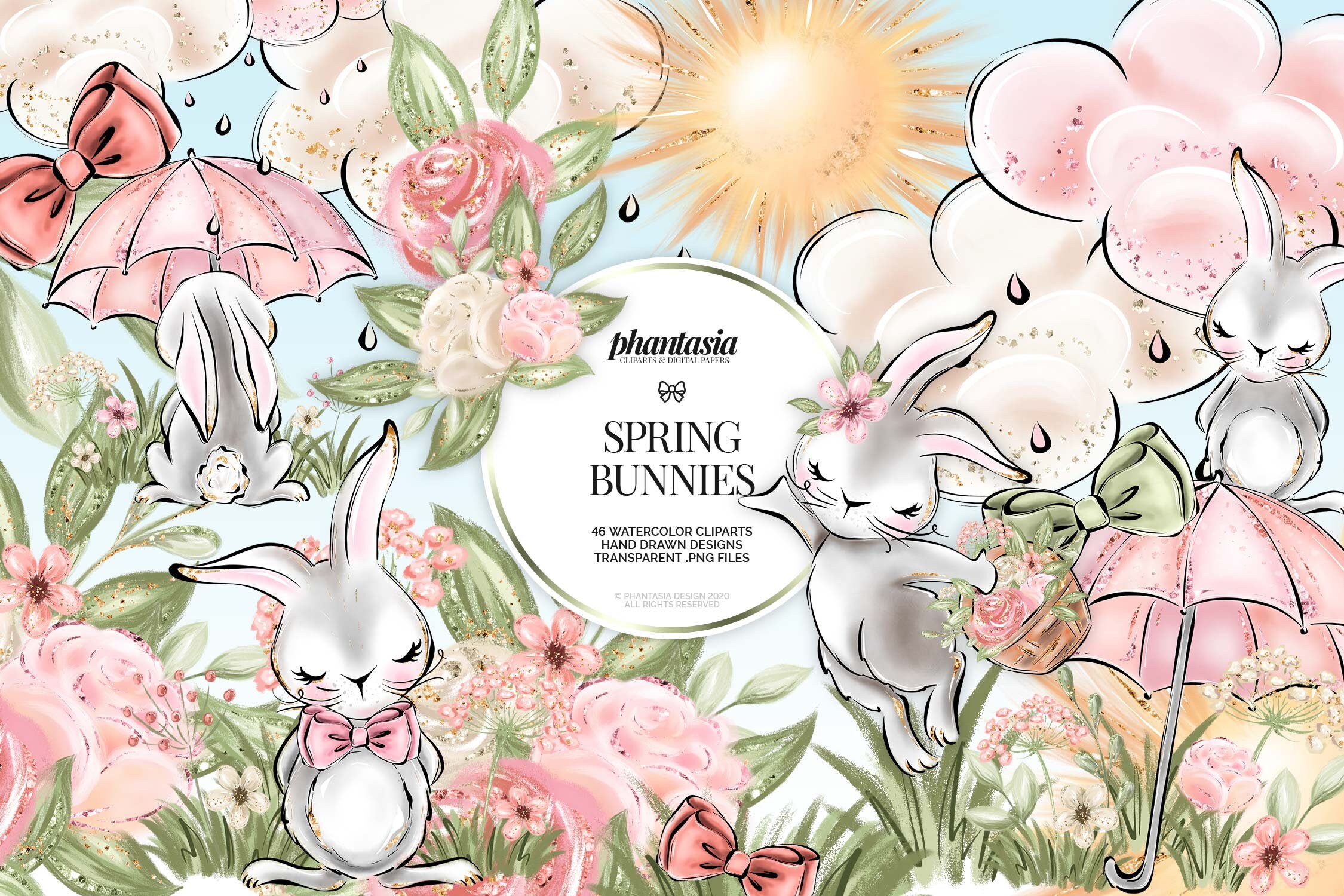 Spring Bunny Clipart, Cute Animal, Watercolor Clipart, Watercolor Bunny, Cute Bunnies, Spring Clipart, Spring Elements, Cute Spring
