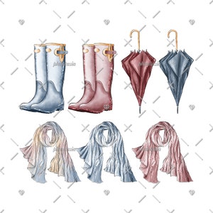 K&ouml;nnte beinhalten: Ein Set aus vier Herbst-Accessoires, darunter zwei Paar Gummistiefel, zwei Regenschirme und zwei Schals. Die Gummistiefel sind in Blau und Rosa, die Regenschirme in Rot und Blau und die Schals in Rosa und Blau.