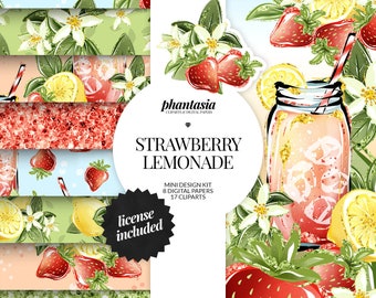 Strawberry Lemonade Clipart Bundle, Papiers numériques de limonade, Fraises Clipart, Motif de fraises, Limonade aquarelle