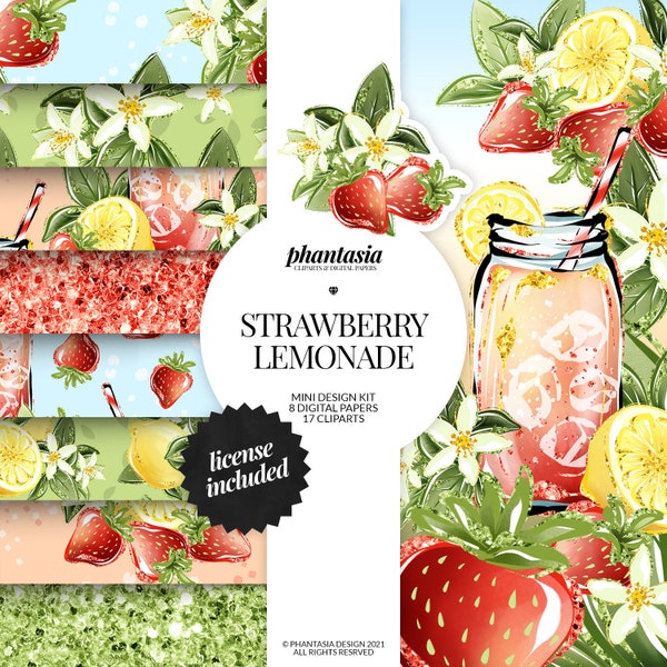Strawberry Lemonade Clipart Bundle, Lemonade Digital Papers, Strawberries Clipart, Strawberries Pattern, Watercolor Lemonade