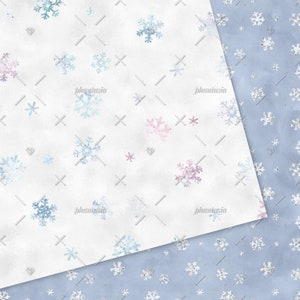 Pu&ograve; includere: Un pacchetto di carta digitale con due motivi senza cuciture che presentano fiocchi di neve blu e rosa su uno sfondo bianco e blu chiaro. I motivi sono perfetti per l'artigianato e i progetti a tema invernale.