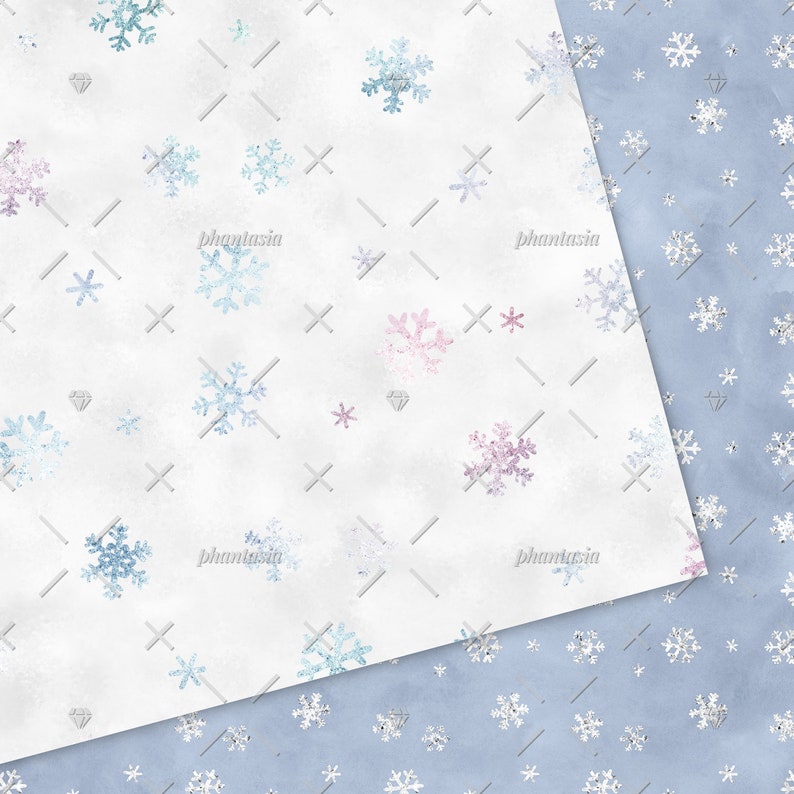 Pu&ograve; includere: Un pacchetto di carta digitale con due motivi senza cuciture che presentano fiocchi di neve blu e rosa su uno sfondo bianco e blu chiaro. I motivi sono perfetti per l'artigianato e i progetti a tema invernale.