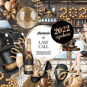 Clipart aquarelle du Nouvel An, Fête du Nouvel An, Éléments du Nouvel An, Bar Clipart, Bar du Nouvel An, Nouvel An, Clipart dessiné à la main