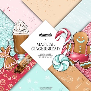 Könnte beinhalten: Ein digitales Papierpaket mit einem verspielten Lebkuchen-Thema. Das Paket enthält acht nahtlose Muster im Format 30,5 cm x 30,5 cm mit Lebkuchenmännern, Zuckerstangen, Zimtstangen und einem Lebkuchenhaus.