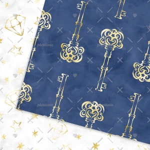 May include: A seamless pattern featuring gold keys with intricate details on a dark blue background. The keys are arranged in a repeating pattern, creating a decorative and elegant design.