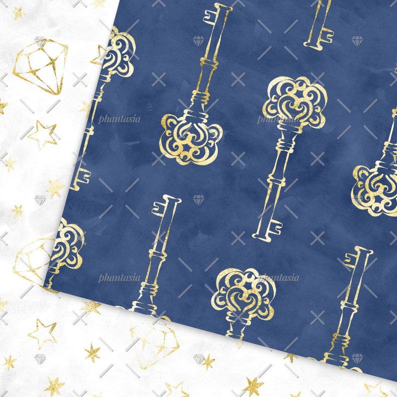 May include: A seamless pattern featuring gold keys with intricate details on a dark blue background. The keys are arranged in a repeating pattern, creating a decorative and elegant design.