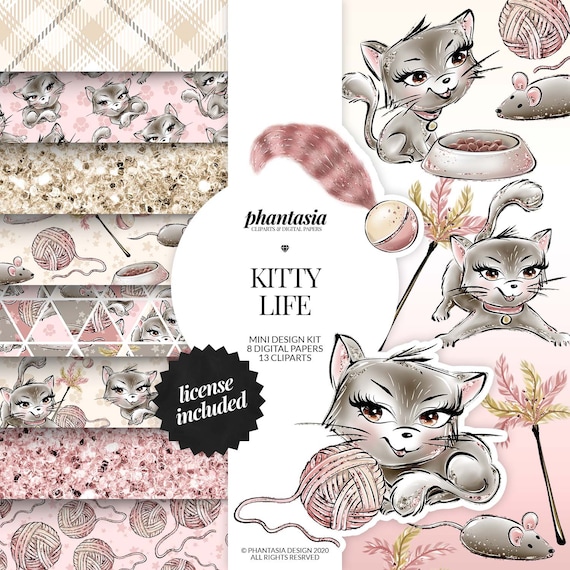 Cat Graphics Bundle, Cute Cat, Cat Clipart, Kitty Clipart, Cat Elements, Cat Toys Clipart, Hand Drawn Cliparts, Cat Patterns