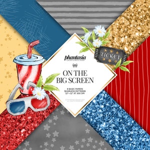 Könnte beinhalten: Ein digitales Papierpaket mit einem Filmthema. Das Paket enthält 8 nahtlose Muster in 12x12 Zoll bei 300 DPI. Die Muster sind in den Farben Rot, Weiß, Blau, Gold und Grau gehalten. Die Muster beinhalten Sterne, Streifen, Glitzer und filmelemente wie Popcorn, 3D-Brillen und ein Ticket.