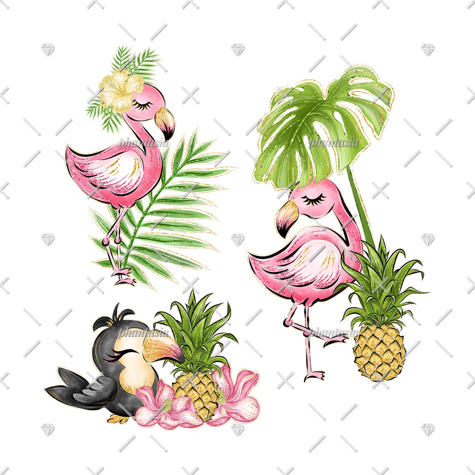 Tropical Cliparts Flamingo Illustration Exotic Stickers - Etsy UK
