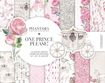 Princess Digital Paper Pack, Chariot Digital Paper, Roses Pattern, Roses Seamless, Pink and Beige, Princess Chariot Scrapbooking Paper