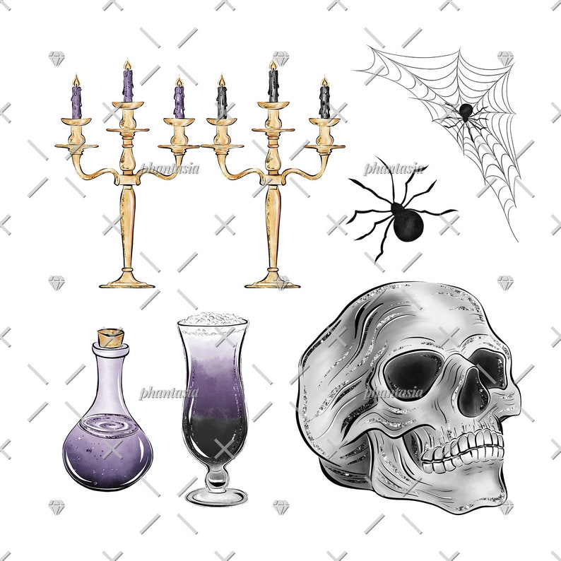 May include: Watercolor illustration featuring Halloween-themed elements. Includes a gold candelabra with purple and black candles, a spider and web, a skull, a potion bottle, and a cocktail glass with a purple drink.