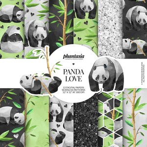May include: A digital paper pack with 12 seamless patterns featuring cute panda bears, bamboo, and hearts. The patterns are in shades of black, white, green, and gray. The text "PANDA LOVE" is in a white box with a black border.