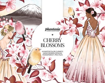 Cherry Blossom Watercolor Cliparts, Fashion Cliparts, Floral Cliparts, Spring Cliparts, Japanese Style, Spring Watercolor, Floral