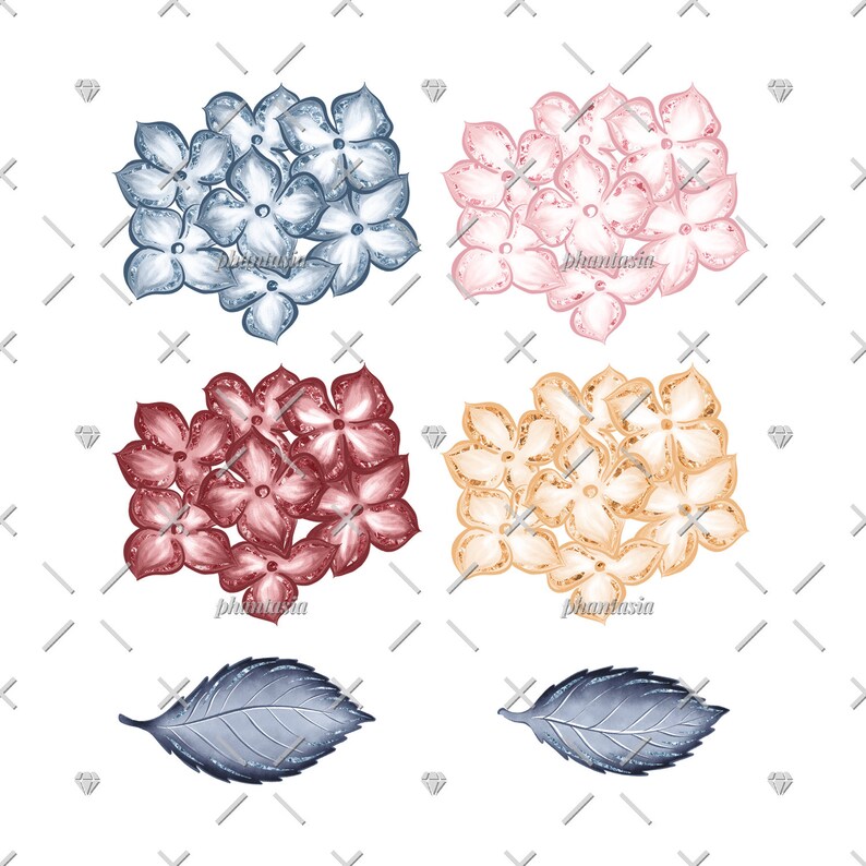 K&ouml;nnte beinhalten: Vier B&uuml;schel Aquarell-Hortensie-Bl&uuml;ten in Blau, Rosa, Rot und Gold, mit zwei silbernen Bl&auml;ttern.