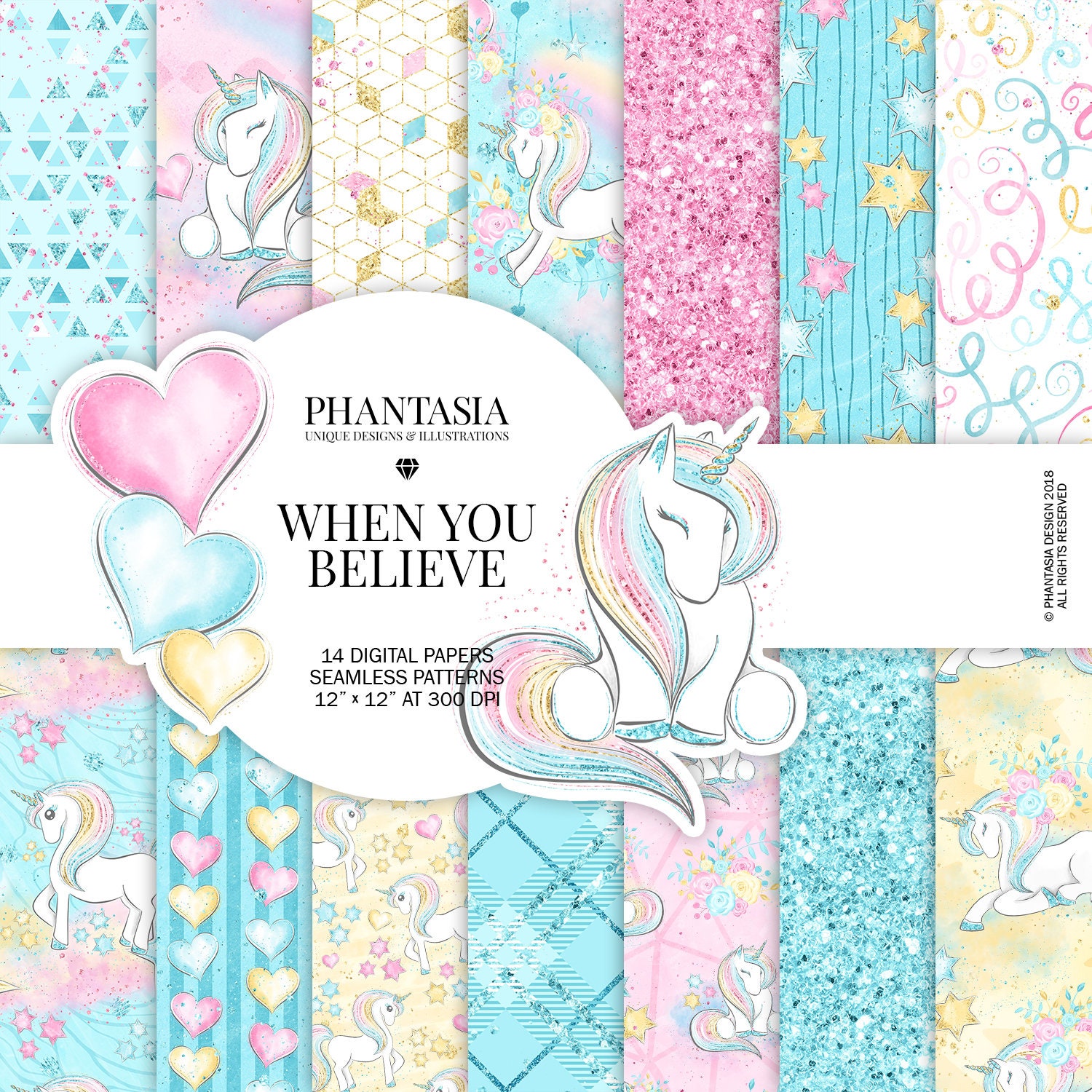 Unicorn Digital Paper, Whimsical Digital Paper, Unicorn Planner, Rain…